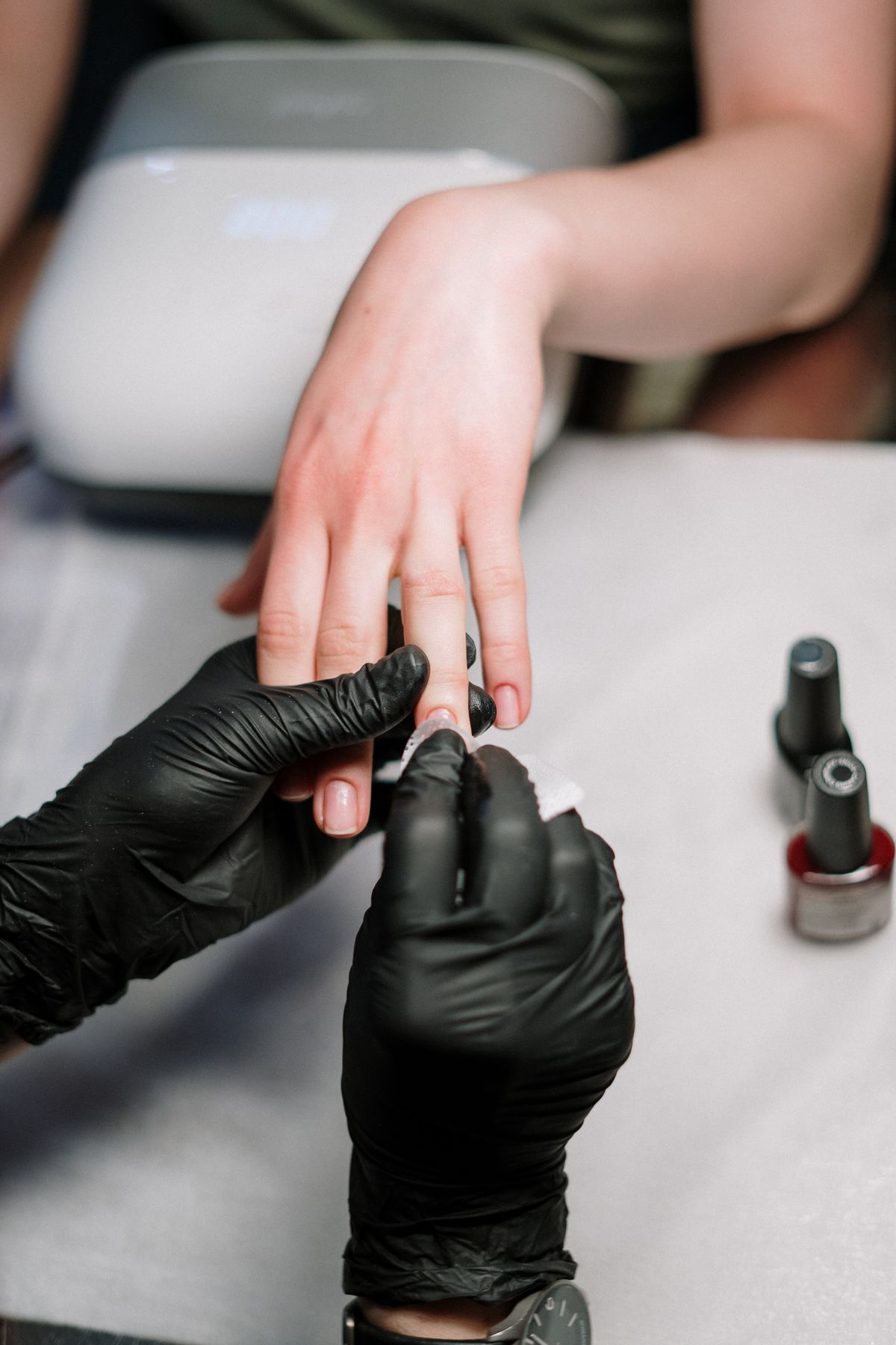 Precise e-file manicure in progress at Billion Nails Miami